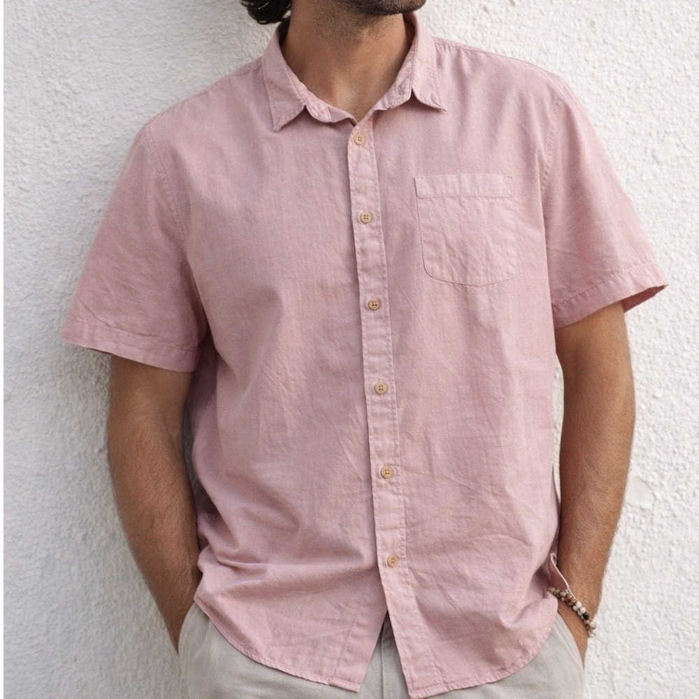 Outerknown Studio Shirt Button Down NWT Short Sleeve Men XXL Pink Organic Cotton